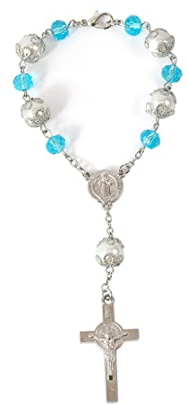 Nazareth Store Schutzmedaille des Heiligen Benedikt mit Kristallperlen, Rosenkranz fürs Auto, Rückspiegel, Metall (Blau)