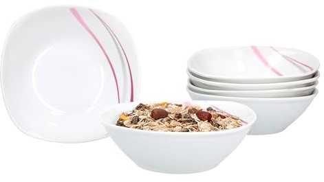 Van Well | 6er Set Müslischale Melina | 250-350 ml | kleine Servier-Schüssel für Suppe, Salat, Snacks + Dessert | Streifen-Dekor abstrakt | edles Porzellan