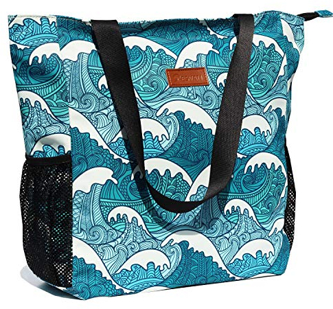 ESVAN Borsa a tracolla grande, motivo floreale, impermeabile, per palestra, spiaggia, viaggi e uso quotidiano, blu ([X] Onda), Large