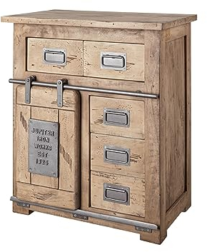 Kommode Sideboard Holz Mango massiv 5 Schubladen 1 Tür 70cm schmal geweißt