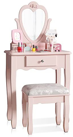 Kids Dressing Table with Mirror and Stool, Pink Children's Vanity Set with Flip Up Heart Mirror and 3 Drawers, Girls Makeup Desk for Age 3-9