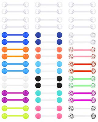 LAURITAMI 24 Pairs 14G Zungenpiercing Brustwarzenpiercing Leuchtet im Dunkeln Flexibel Acryl Gerade Zunge Barbell Nippelrings Stab Retainer Piercing Schmuck 14mm