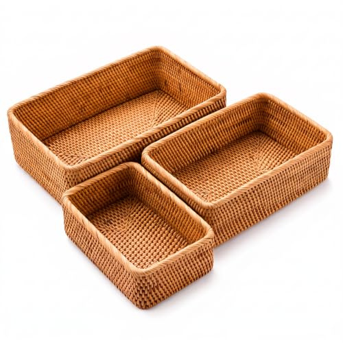ZENFUN 3 Pack Natural Rattan Storage Baskets, Rectangular Woven Fruit Baskets for Decor, Handmade Woven Nesting Bread Baskets for Organizing, Serving, for Kitchen, Home, 3 Sizes