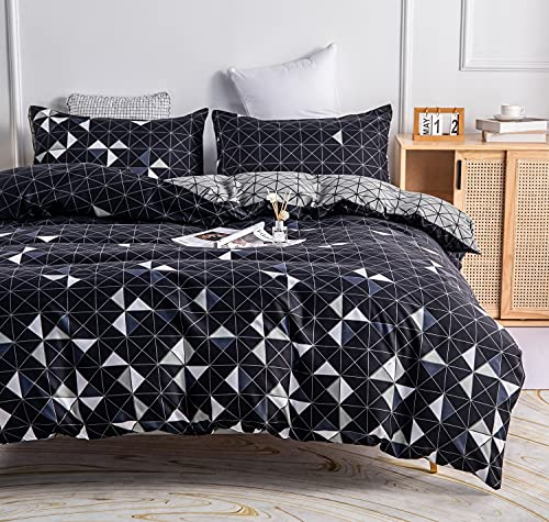 Bettwäsche Dreiecke 200x200 cm Schwarz Weiß Anthrazit Karo Landhaus Deckenbezug Microfaser Bettbezug Doppelbett Set Kariert Wendebettwäsche 200 x 200 cm + 80x80cm Geometrisch mit Gemustert Muster
