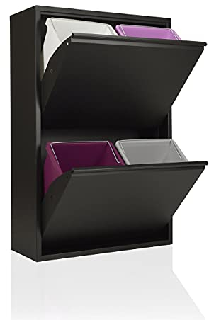 Mülleimer für Mülltrennung | EcoPatty | Mülltrennung | Metallschrank | platzsparend | Innen- und Außenbereich | 2 Fächer | 4 Eimer | 60 Liter | fertig montiert | Schwarz