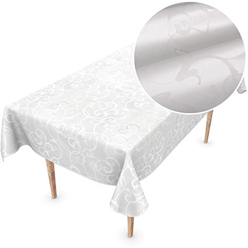 Premium Wachstuchtischdecke Tischdecke Vinyl Wachstischdecke abwaschbar 110x150cm Damast Weiß Perlmut edel abwischbar