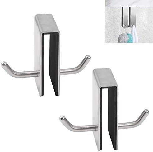 UFURMATE Stainless Steel Shower Door Double Hooks - Frameless Glass Hangers for Bathroom Towels (Silver, 2Pcs)