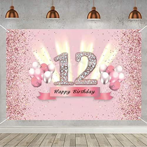Bannière d'anniversaire 12e anniversaire décoration rose doré fête décoration fille, panneau en tissu poster 12e anniversaire fête anniversaire bannière décoration de table, rose pailleté