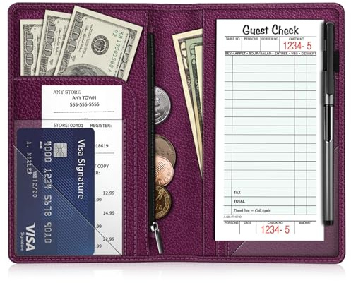 Fintie Server Book Organizer with Zipper Pocket, PU Leather Restaurant Guest Check Presenters Card Holder for Waitress, Waiter, Bartender