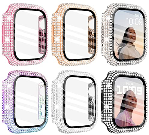 WINGLE Lot de 6 protections d'écran en verre trempé pour Apple Watch 40 mm SE Series 6 Series 5 Series 4 Lady Brillant Diamant Protecteur d'écran en verre trempé pour iWatch Case 40 mm SE Series 6 5 4