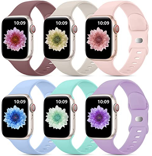 Upeak 6 Pack Correas Compatible con Correa Apple Watch 40mm 38mm 41mm para Hombre y Mujer, Pulsera de Repuesto de Silicona Suave para iWatch Ultra SE Series 9 8 7 6 5 4 3 2 1, S, Color Claro 1