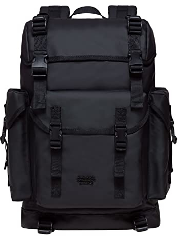 KAUKKO Leder Groß Rucksack Damen Herren, Vintage Wanderrucksack mit 14 Zoll Laptopfach für Arbeit, Ausflüge, Uni, 23L, Schwarz-K1018