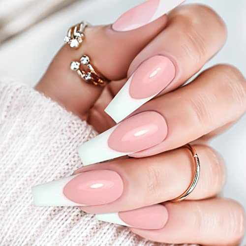 MELLIEX 48 Pièces Faux Ongles Artificiels Acrylique Long French Press on Nails Beige et Blanc Couverture Capsule Ongles pour Extensions d'Ongles pour Femme et Fille