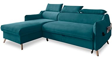 MIUFORM Ecksofa mit Bettfunktion und Bettkasten Kopfstütze | Sweet Harmony Ecksofa Wohnschlandschaft Schlafcouch | Easy Clean Stoff Samt (Türkis, Links ausgerichtet)