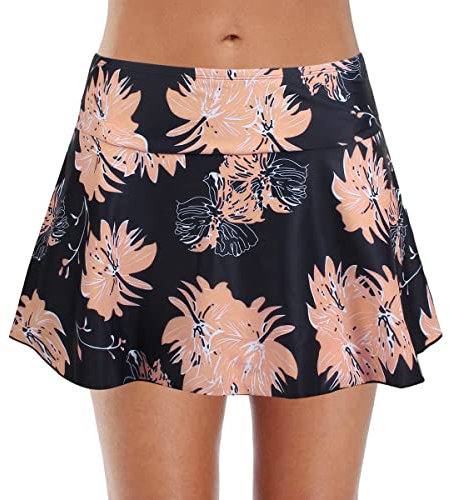 FLYILY Short de Bain Femmes Filles Réglable Jupe de Bain Sport Shorts de Plage avec Cordon Femme Taille Haute Tankini Shorts(1-BlackFlower,M)