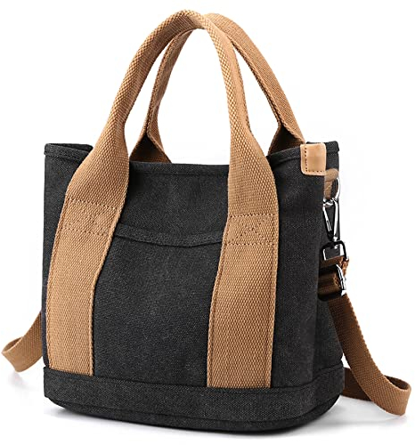 zhongningyifeng Damen Handtasche aus Segeltuch, Multi-Pockets Schultertasche mit Reißverschluss, für Reisen, Arbeit, Alltag (black, S)