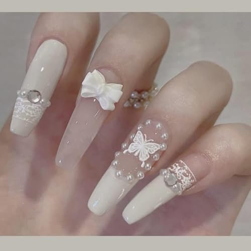 fdsmall 24PCS Long Press on Nails French White Ballerina Flash Diamond Crystal Fake Nails Full Cover Bling Acrylic False Rhinestone Nails for Women and Girls(02)