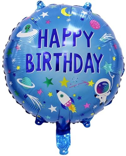 Happy Birthday Folienballon 45 cm, Runder Geburtstagsballon mit Astronauten und Raketen Design, Weltraum Motiv in Blau, Perfekt für Kindergeburtstage und Weltraum-Themenpartys