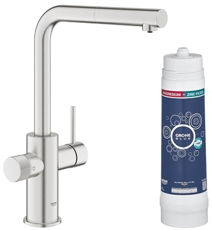GROHE Blue Pure Minta miscelatore da cucina, doccetta estraibile, con Filtro Magnesio e Zinco, SuperSteel