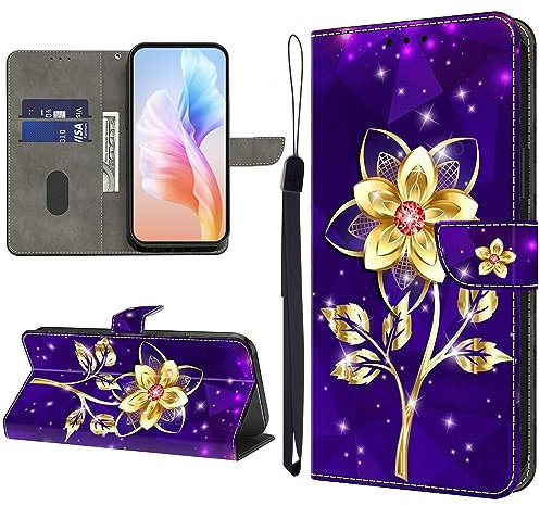 KEDBBAO Handyhülle für Samsung Galaxy A7 2018 Hülle Muster Klapphülle für Galaxy A7 2018 Leder Tasche Case Flip Magnet Motive Wallet Schutzhülle für Samsung A7 2018 Hüllen, Goldene Blüte