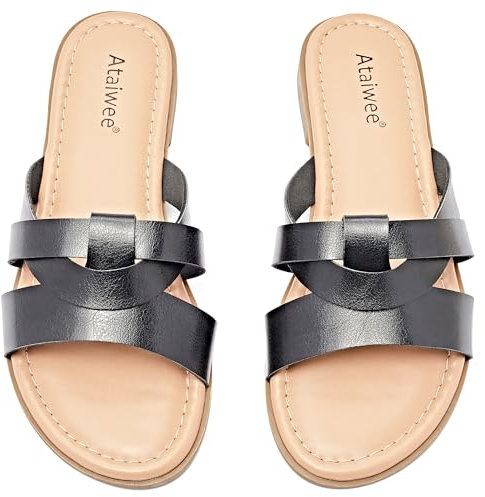 Ataiwee Sandales plates pour femme – Chaussures d'été décontractées à enfiler avec sangles croisées.(2307011,BK/MF,40.5)