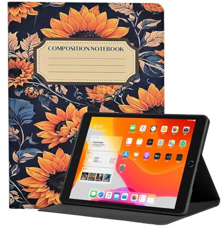 Rotating Case for iPad 10.2 Inch 9th/8th/7th Generation 2021/2020/2019, PU Leather Folding Case Multi-Angle Stand Shell TPU Cover with Auto Wake/Sleep, Composition Notebook Sunflower