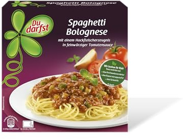 Spaghetti Bolognese mit einem Hackfleischerzeugnis in feinwürziger Tomatensauce - Fertiggerichte für die Mikrowelle/Wasserbad - Du darfst