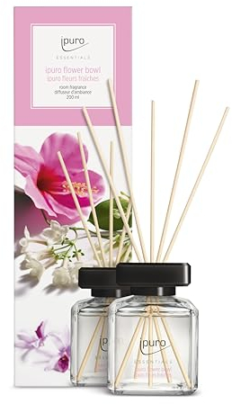 ipuro - Essentials Raumduft FLOWER BOWL 200ml | Raumerfrischer mit Blumenduft, Mandarine, Bergamotte, Jasmin, Veilchen & Zedernholz Duft Aroma | Diffuser mit Stäbchen | Lufterfrischer für die Wohnung