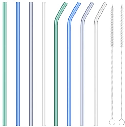 Glass Straws 31 cm Long Diameter 1 cm for Stanley Adventure Quencher Travel Mug 40 oz, Pack of 8 Colourful Replacement Straws with 2 Cleaning Brushes, Reusable Straws, Stanley Cup Accessories