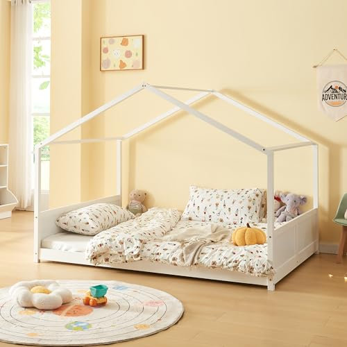 [en.casa] Kinderbett Simo Hausbett 140 x 200 cm Holzbett für Kinder Montessori Bettgestell mit Lattenrost Kiefernholz Weiß