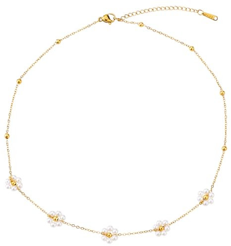 Mikovivi Daisy Pearl Necklace for Women, Simple Daisy Choker Necklace Dainty Pearl Flower Necklace 5 Daisies Summer Trendy Gold Necklace Jewelry Gift for Women