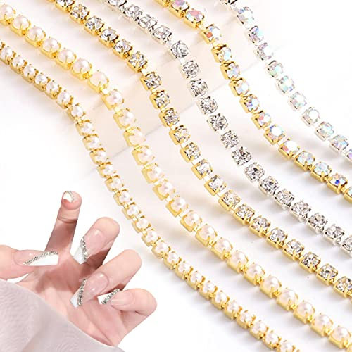 Nail Chain, 6 Strips Gold Silver Metal Nail Art Chains 3D Nail Charms Punk Nail Studs Nail Art Decorations for Manicure Design DIY Crafts (Gold+Silver A)