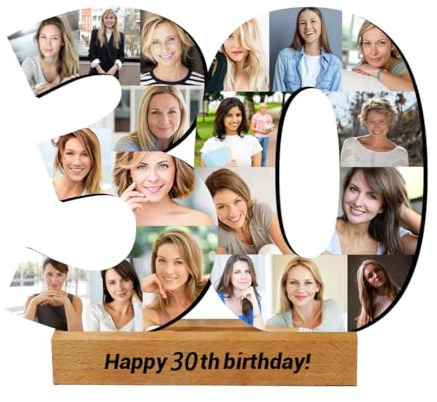 Certykllp - Targa in legno personalizzata per il 30° compleanno con foto collage, anniversario di matrimonio, numero 30 personalizzato, foto collage anniversario, numeri, segno di 30 anni, per sempre