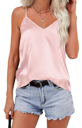 Zeagoo Top Satin pour Femme Top Femme Debardeur DéBardeurs Blouses Chic Et éLéGant Haut Femme Tops Haut Spaghetti Col V Soie Cami sans Manches T-Shirt D'éTé Bretelles RéGlables Basique Rose M