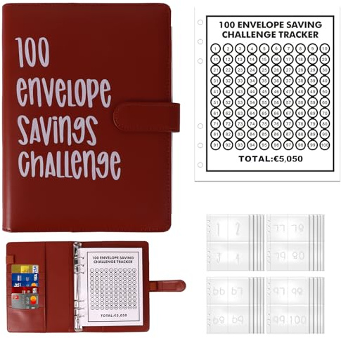 100 Briefumschläge Geld Sparen Challenge, A5 Briefumschläge Herausforderung Binder mit Geldumschlägen, Sparbuch für Geld, Sparen Sie 5.050 € Budgetplaner, Geldsparbinder Budget Planner (Braun)