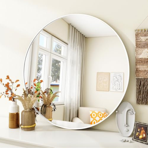 BEAUTYPEAK 60 cm Runder Spiegel in Weiß, Rund Dekorativer Wandspiegel mit Aluminiumrahmen, Bruchsicherer Badezimmer Spiegel zum Aufhängen und Anlehnen, Wandspiegel für Schlafzimmer, Bad, Wohnzimmer