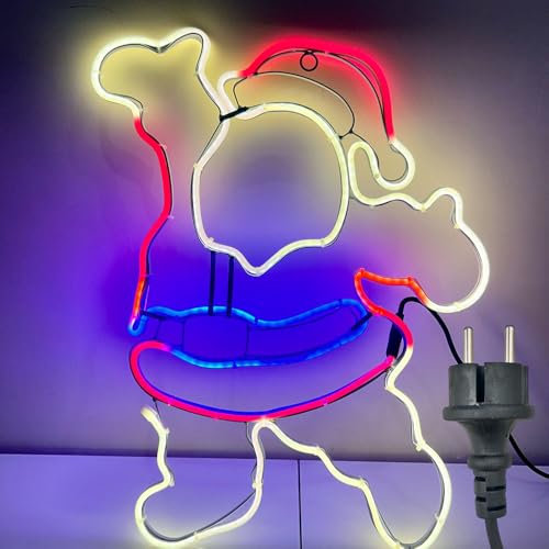 Partenopea Babbo Natale insegna a luce LED effetto Neon figura luminosa per parete vetrina decorazione natalizie luce rosso bianco e blu 60x45 cm da esterni e interni