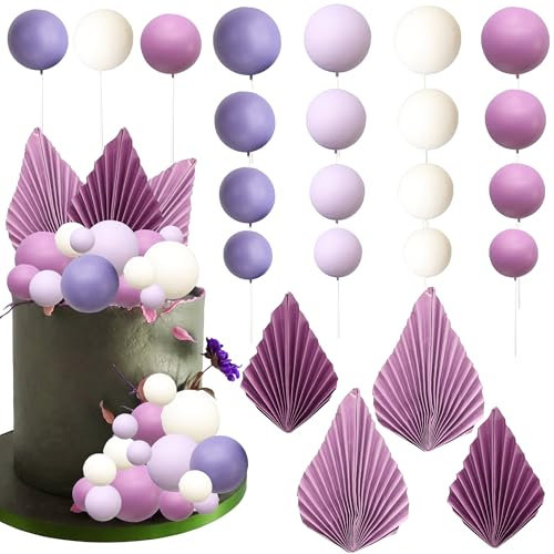 Gyufise 32Pcs Balls Cake Toppers Paper Palm Fan Cake Topper Mini Balloon DIY Cake Insert Cake Decorations for Baby Shower Wedding Bridal Shower Birthday Party Decorations Purple