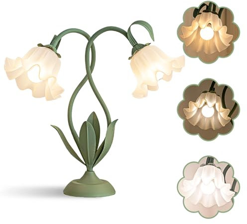 SUBOSI Nachttischlampe, Doppelköpfig Acryl Blumen Schreibtischlampe Schwenkbar, Metall Schreibtischlampe Mädchen drehbare Bedside Lamp Tischlampe mit Kabelschalter,Leselampe