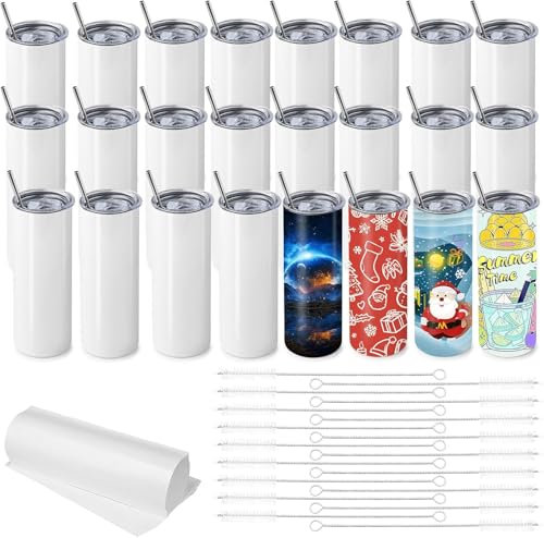 Malloom 24 Stück Sublimation Rohlinge Becher, 20 oz Sublimationsgläser Skinny Tumbler mit Deckel und Strohhalm, Weiße Doppelwandige Vakuumisolierte Becher im Großhandel für Heat Transfer DIY Basteln