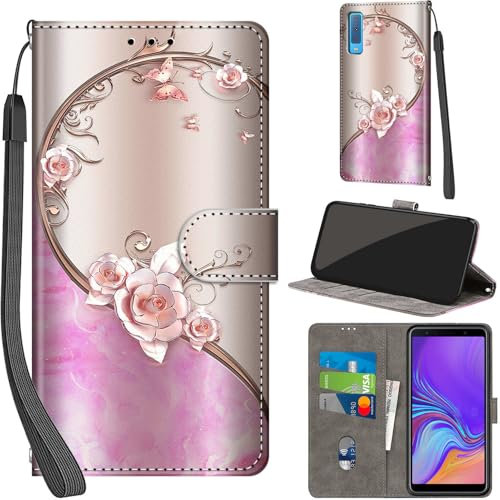 Handyhülle für Samsung Galaxy A7 2018 Hüllen Premium Leder Case Klappbar Wallet Magnet Kartenfach Standfunktion Schutzhülle kompatibel mit Samsung A7 2018 Cover,Rose