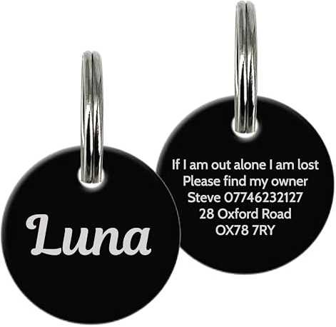 Personalised Dog Tags for Pets Engraved UK Cat Dog Name Identity Pet Tags Doggy Kitten Kitty Puppy Deep Engraved ID Stainless Steel (Circle Shape - Black)