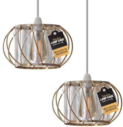 2 Pcs Gold Crystal Glass Light Shade (Height 10 cm, Width 16cm) with Bulb | Gold Wire Cage Crystal Shade Easy Fit Hanging Ceiling Pendant Light for Hallway Dining