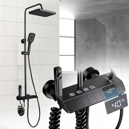 Colonne de Douche Thermostatique avec Affichage Numérique de Température Ensemble de Douche Hauteur Réglable avec Douchette Pommeau de Douche Systeme de Douche Pluie pour Salle de Bain (Noir)