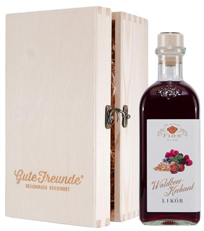 Fies Waldbeer-Krokant Likör mit Geschenk-Holzkiste