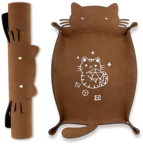 Rhdekoein Würfeltablett mit Katzenmotiv, Faltbarer Würfelhalter aus Leder, tragbarer Würfelaufbewahrungs-Organizer, lustiges Geschenk für DND-RPG-Spieler (Braun)