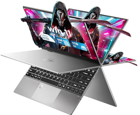 FUNYET PC Portátiles 2 en 1, Procesador N100 16GB RAM 1TB SSD Win 11 PC Laptop, Ordenador Portátil de 14 Pulgadas Yo-ga, Teclado Bluetooth con Retroiluminación y Desbloqueo de Huellas Dactilares