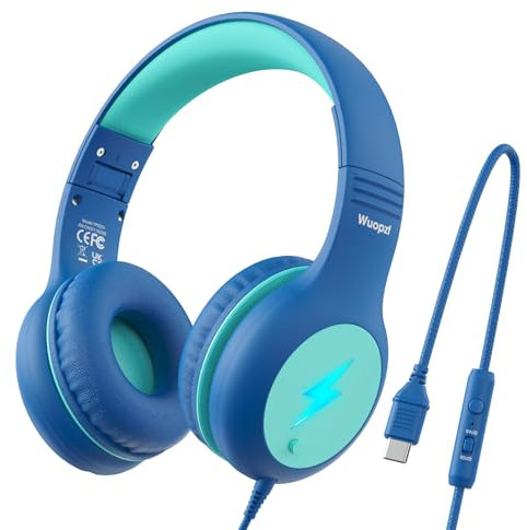 Wuopzf Kids USB C Headphones for School, 2025 Upgrade Safe Listening Wired Over-Ear Headphones with LED Lights, Volume Limiter & Microphone, Foldable Design for iPhone 16, iPad, Tablet Learning