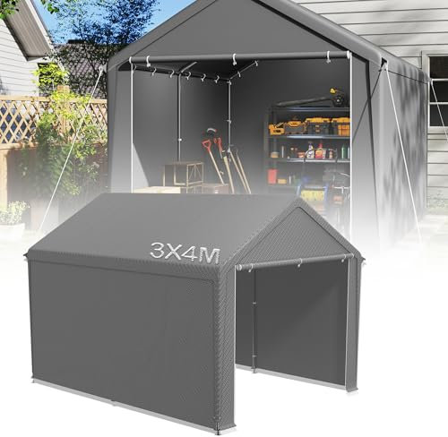 YRHome Tente de rangement, 3 x 4 m, avec toit en polyéthylène, PVC, imperméable, résistante à la déchirure, pour voiture, SUV, camion, bateau et rangement mobile, gris
