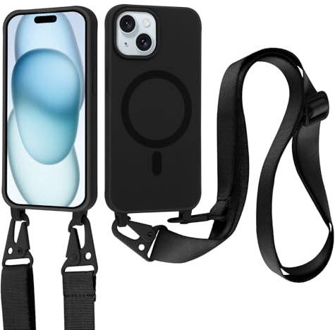Jrkvniv Magnetische für iPhone 15 Hülle mit Band, Weich Silikon Handyhülle Necklace Handyband Hülle mit Abnehmbar Kordel zum Umhängen Stoßfest Schutzhülle mit Kette für iPhone 15 6,1 Zoll, Schwarz